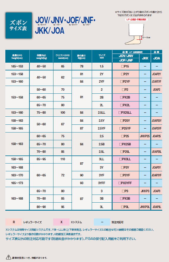 柔道着サイズ表