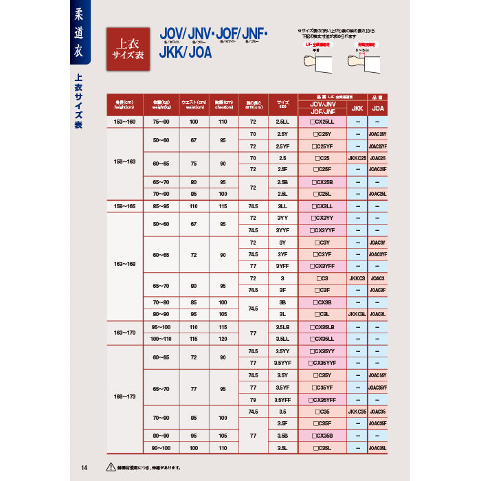 柔道着サイズ表
